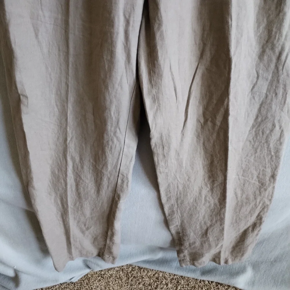 Caribbean Mens Linen Pants 36x32 (Fits 34x32) Tan Beige Elastic Waist Flat Front